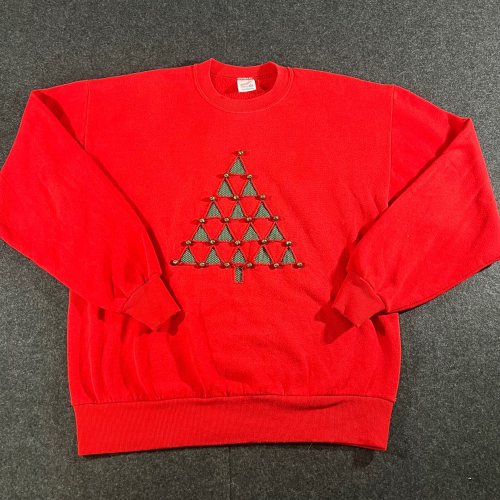 Vintage Jerzees Christmas Tree Sweatshirt Mens Large Red Jingle Bell 90s Holiday